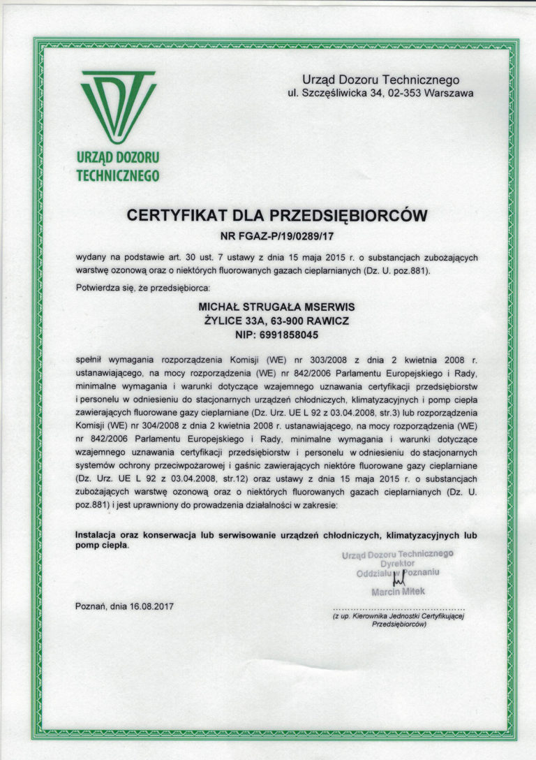 Certyfikat dla przedsiębiorcy