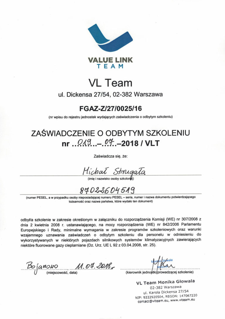 Certyfikat VL Team